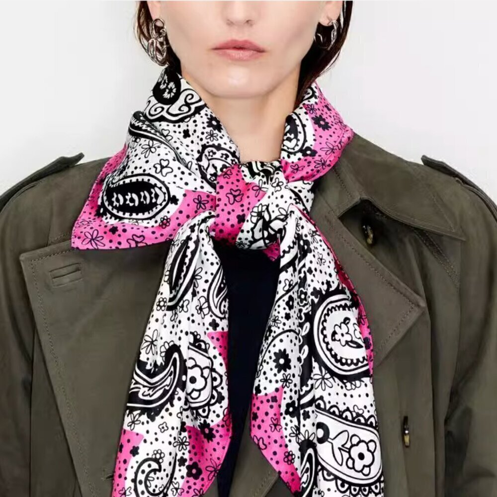 Bimba y Lola Silk Scarf Paisley Pink Black White Square Designer